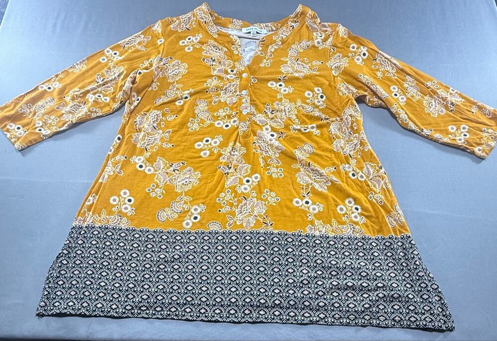 Rose + Olive 1X Mustard Yellow Floral Tunic Top Women’s 3/4 Sleeve Boho